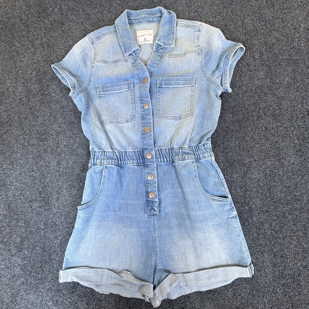 Celebrity Pink One Piece Romper Womens M 7-9 Blue Light Wash Denim Snap Front